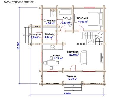 План дома из оцилиндрованного бревна «Канон» c балконом с террасой
