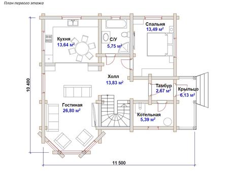 План дома из оцилиндрованного бревна «Виктория» с эркером