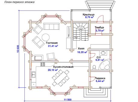 План дома из оцилиндрованного бревна «Ника» с эркером , террасой