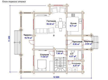 План дома из оцилиндрованного бревна «Сенеж» c балконом с эркером , террасой