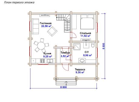 План дома из оцилиндрованного бревна «Пригорок» с террасой